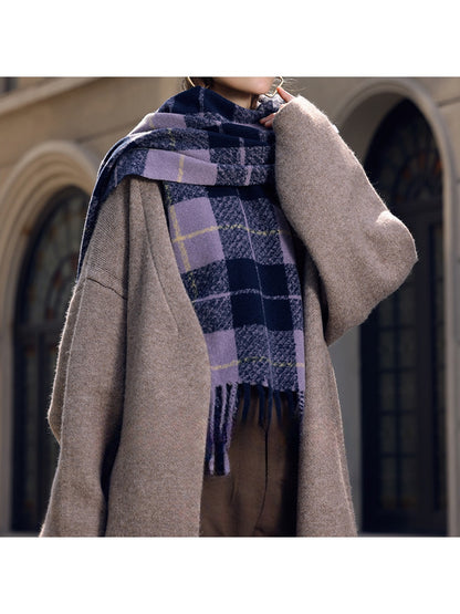 Scarvii - Long Plaid Draped Tassel Accent Scarf