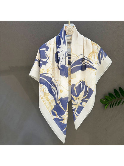 Scarvii - Blue Floral Print Elegant Square Scarf