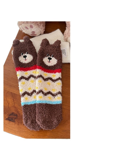Rufia - Bear Face Zigzag Fuzzy Crew Socks