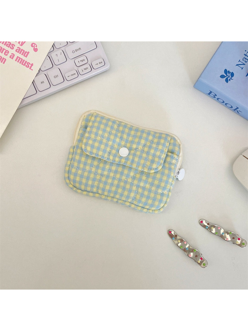 Side view of Cosbai gingham quilted mini card pouch highlighting thickness