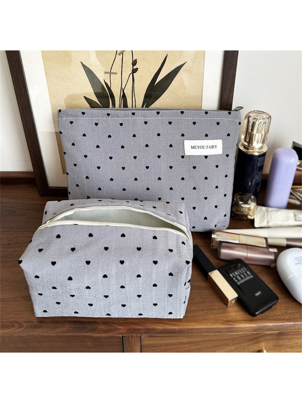 Cosbai Everyday Minimal Heart Makeup Pouch with makeup items inside