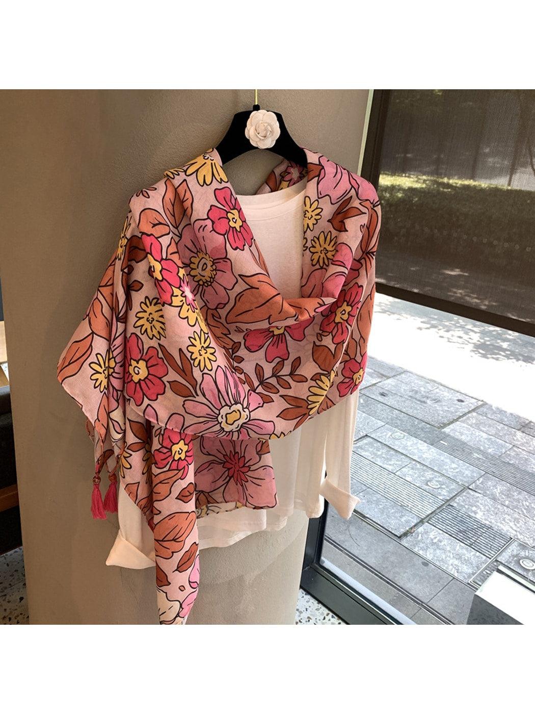 Scarvii - Floral Print Tassel Drape Shawl Scarf