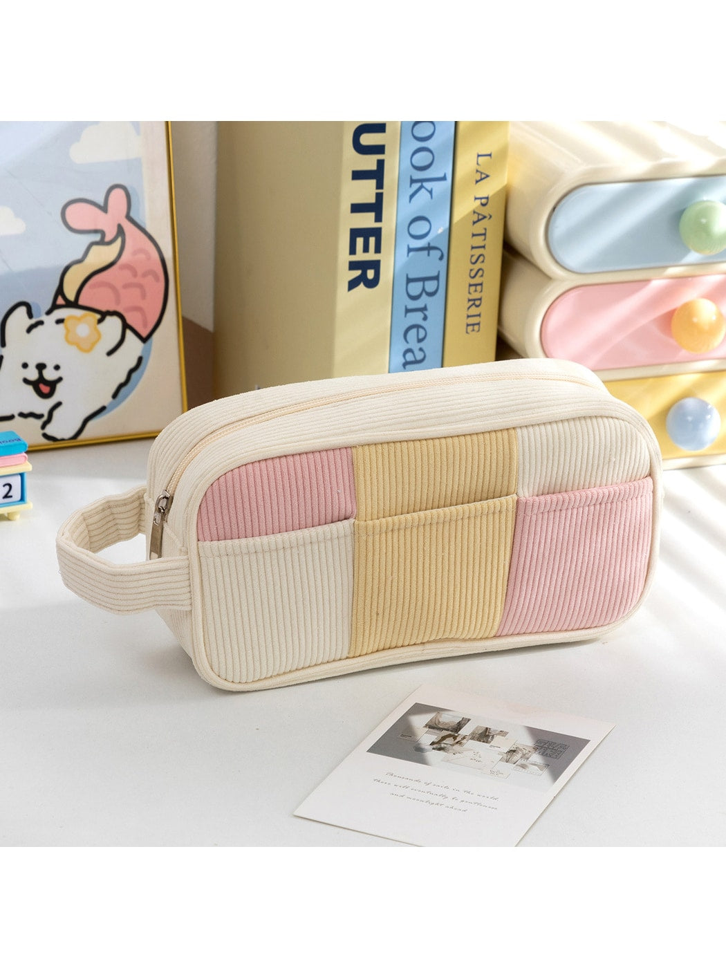 Cosbai - Color Block Corduroy Makeup Bag
