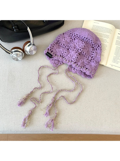 Haila - Openwork Crochet Bonnet with Beaded Trim