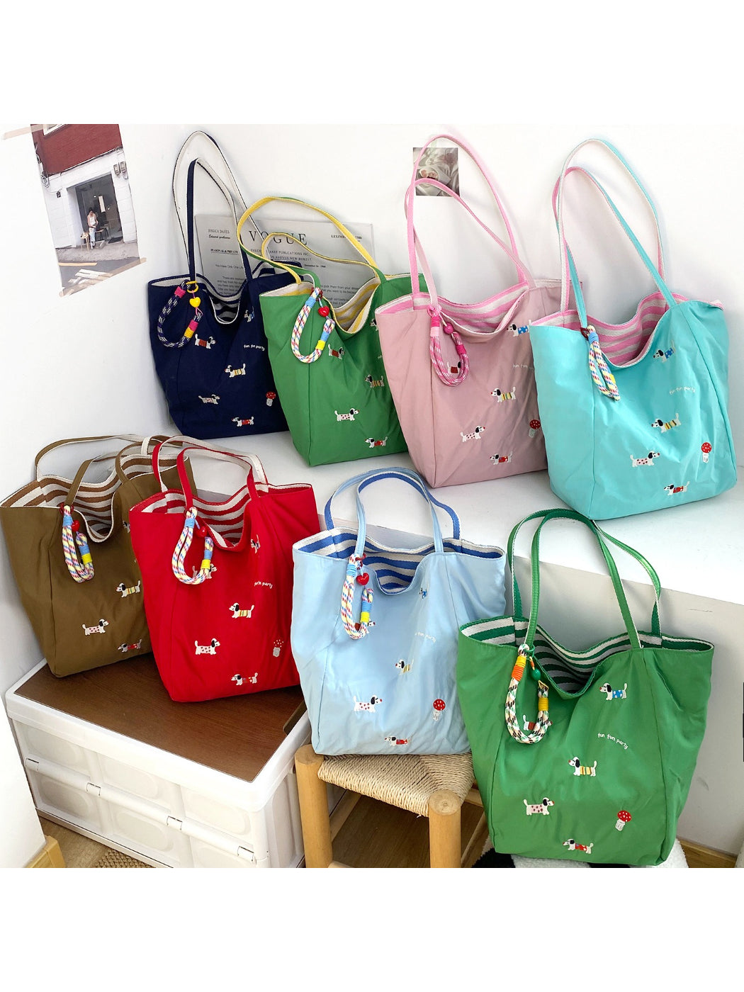 Cosbai tote bag with colorful puppy print on white background, front view