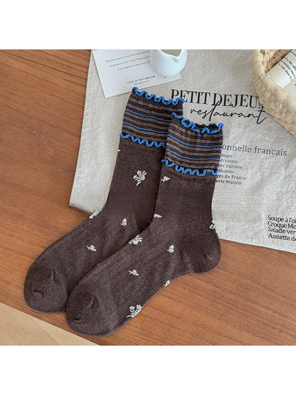 Rufia - Vintage Floral Ruffle Trim Crew Socks