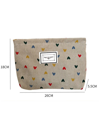 Cosbai - Corduroy Zippered Makeup Pouch with Heart-shaped Patterns