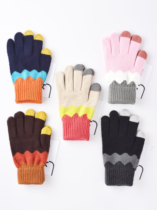Close-up of knitting patchwork touchscreen gloves in mixed colors