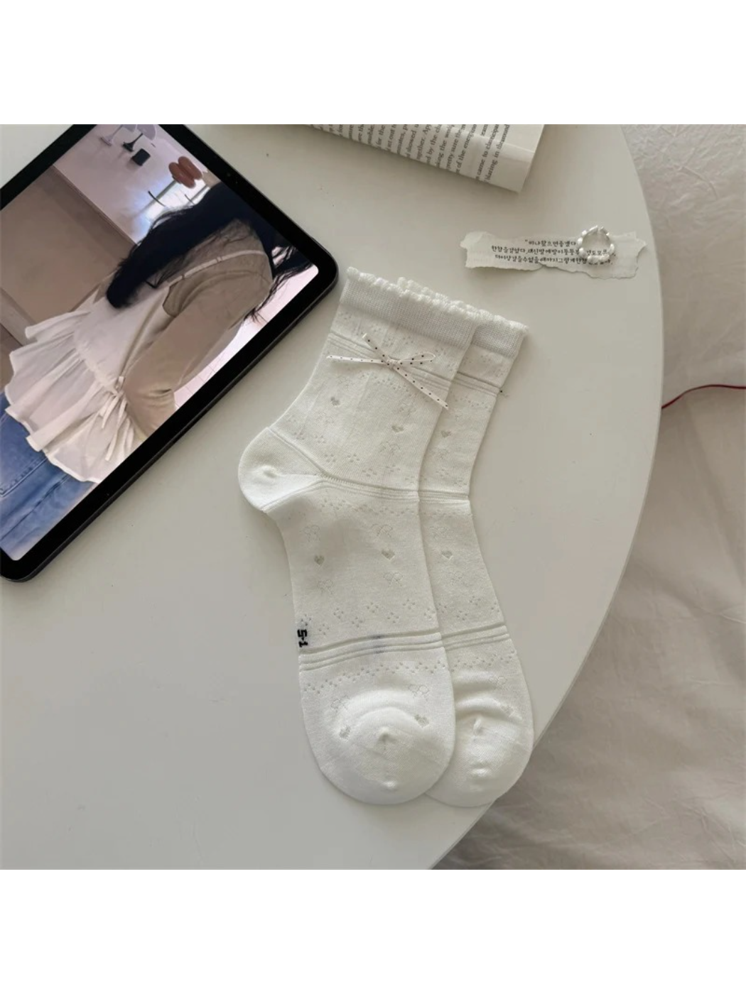 Rufia - Pointelle Ruffle Crew Socks with Ribbon Detail