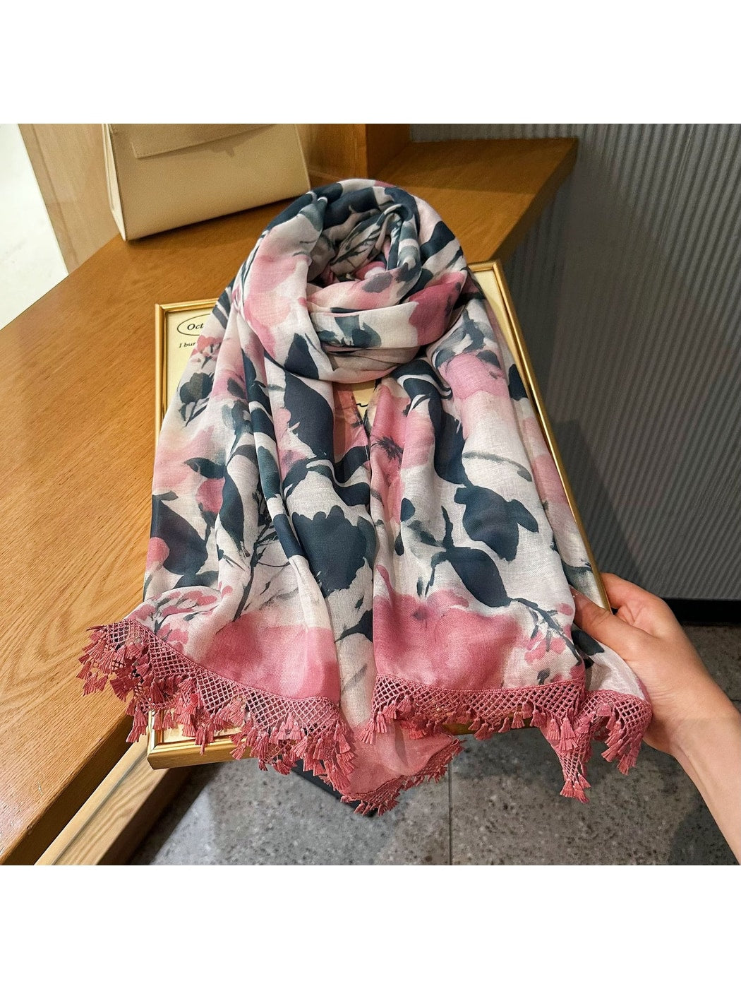 Scarvii - Lightweight Floral Print Tassel Wrap Scarf
