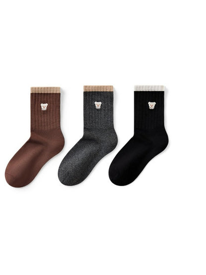 Rufia - Embroidered Bear Ribbed Crew Socks