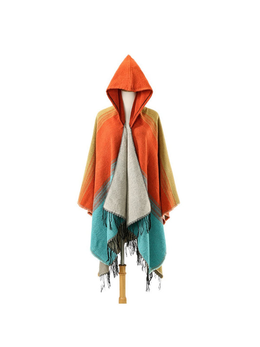 Scarvii - Bold Cozy Vintage Color Block Hooded Cape Scarf