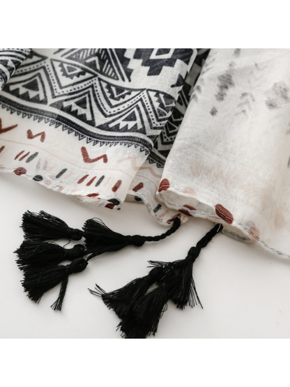 Scarvii - Ivory Geometric Band Tassel Wrap Scarf