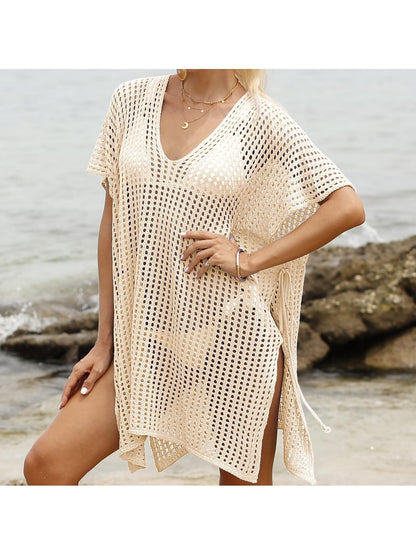 Crosa - Hollow-Out Solid Color Loose Beach Cover Up Dress