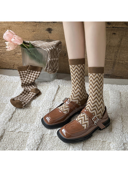 Rufia - Winter Mid-Calf Socks with Geometric & Floral Pattern