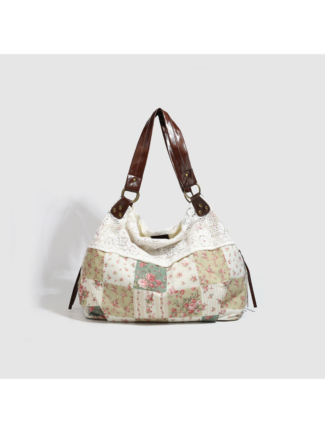 Cosbai - Floral Patchwork Lace Shoulder Tote Bag