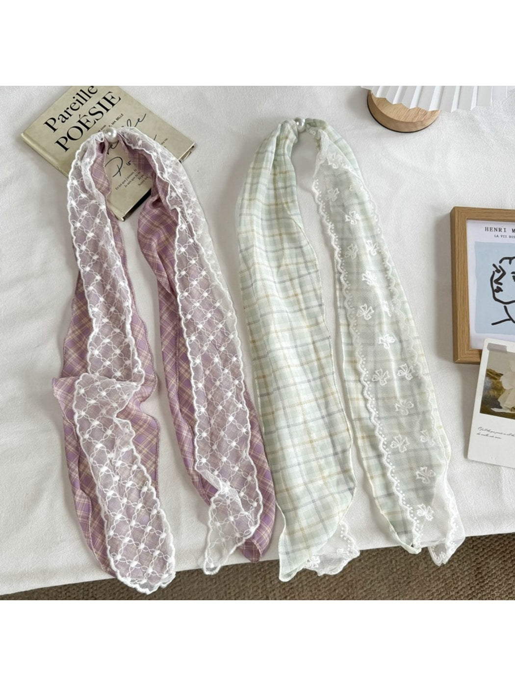 Scarvii - Muted Checked Lace Fashion Scarf