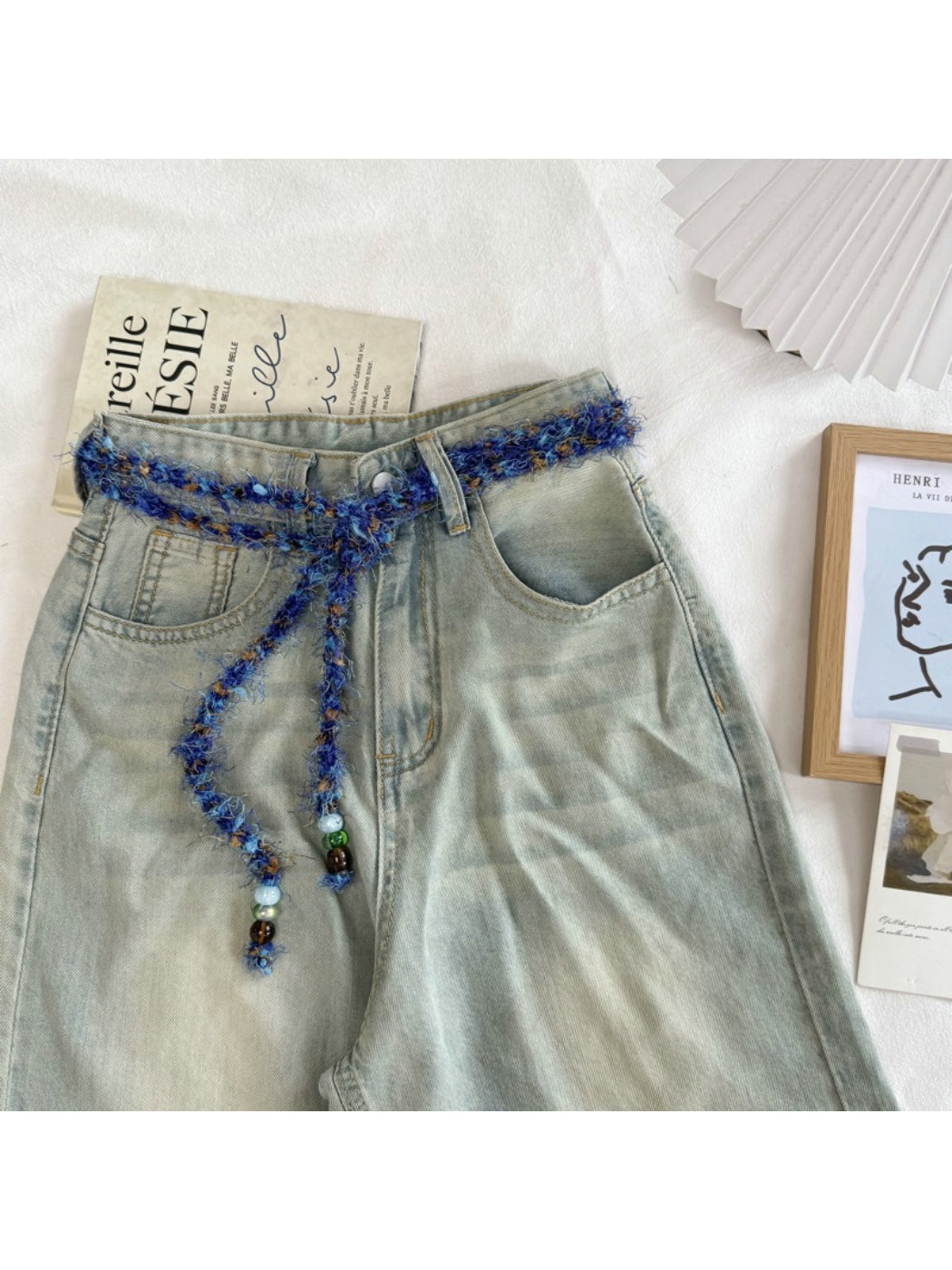 Beco - Textured Braided Tie Belt with Beaded Ends