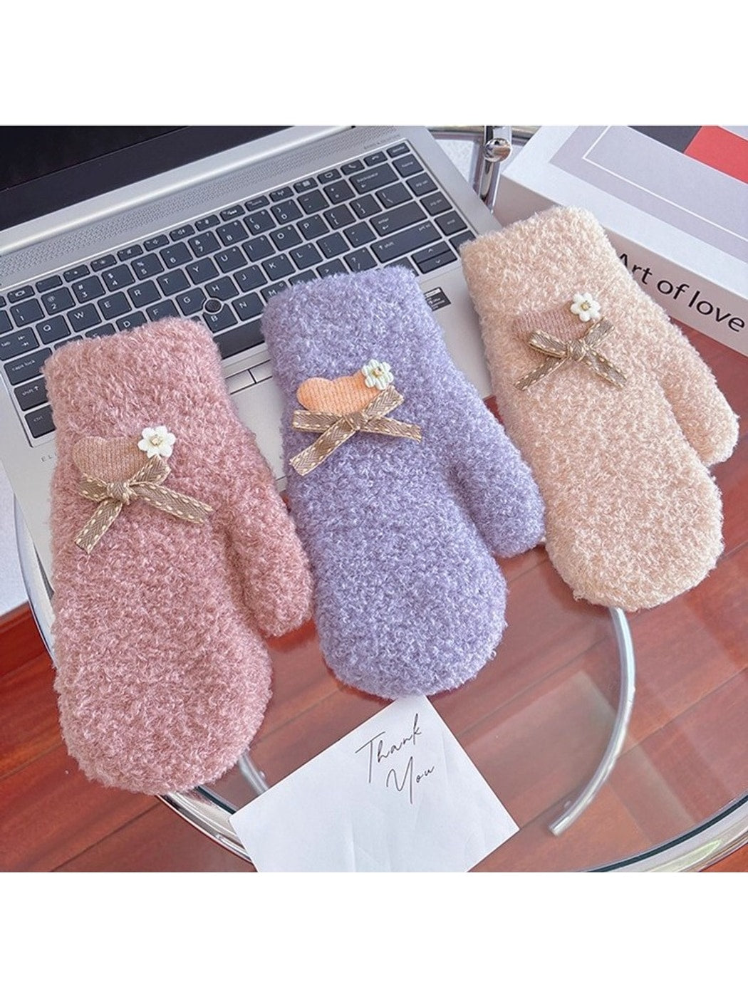Gloving - Bow Accent Fuzzy Knit Winter Mittens