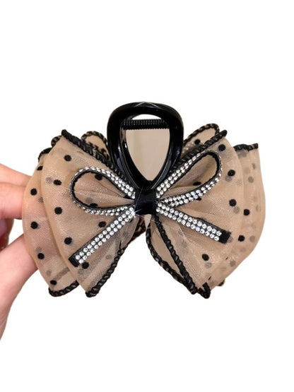 Clio - Dark-Tone Tulle Polka Dot Bow Hair Claw