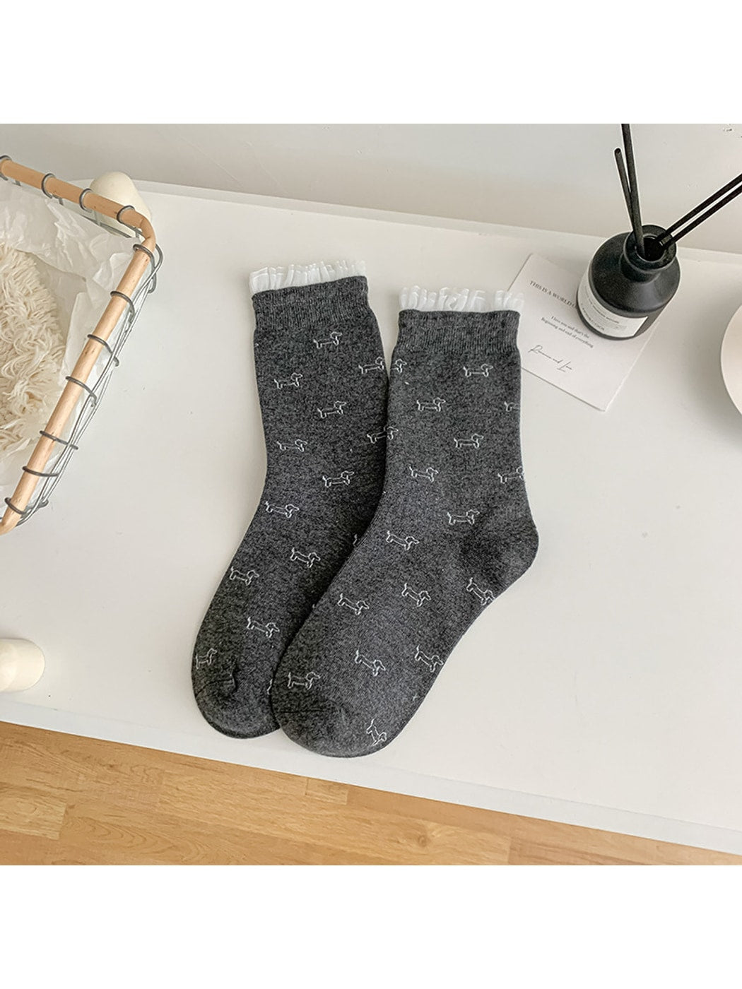 Rufia - Minimal Dog Pattern Ruffle Cuff Crew Socks