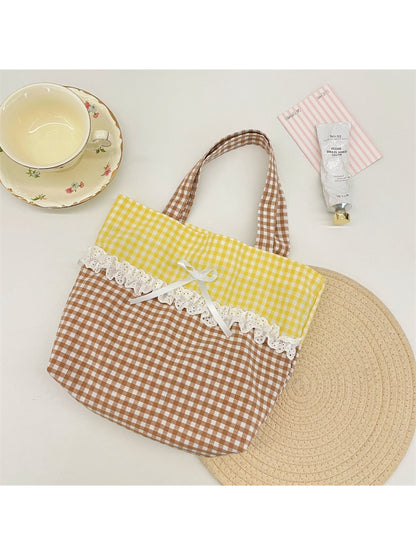 Cosbai - Lace Trim Gingham Tote Bag