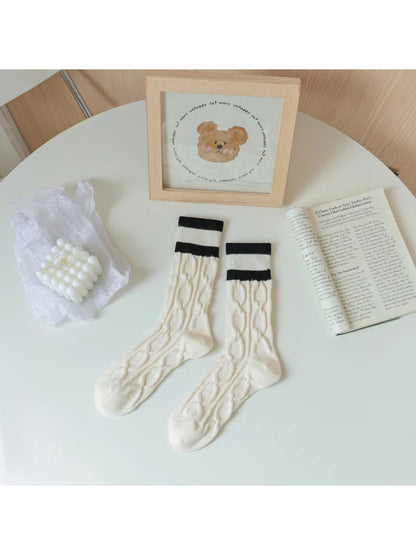 Rufia - Striped Ribbed-Cuff Cable Knit Crew Socks