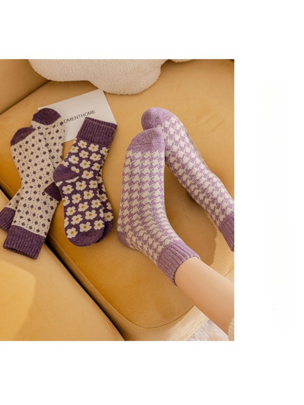 Rufia lavender crew socks styled with loafers