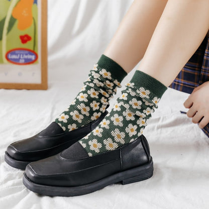Rufia Floral Pattern Mid-Calf Socks color options including Black, Red, Blue