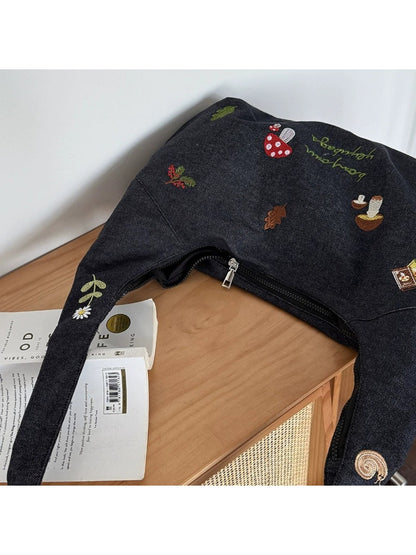 Cosbai – Embroidered Denim Shoulder Tote Bag