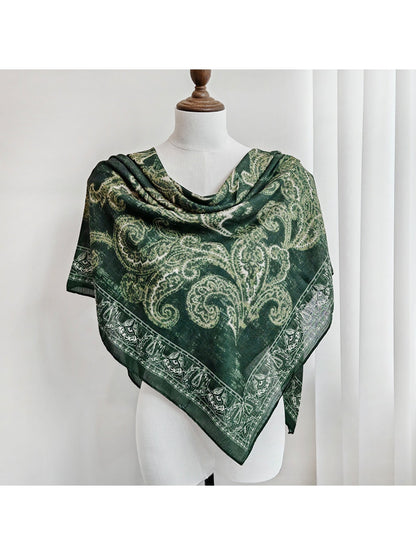 Scarvii - Green Paisley Floral Border Print Square Scarf