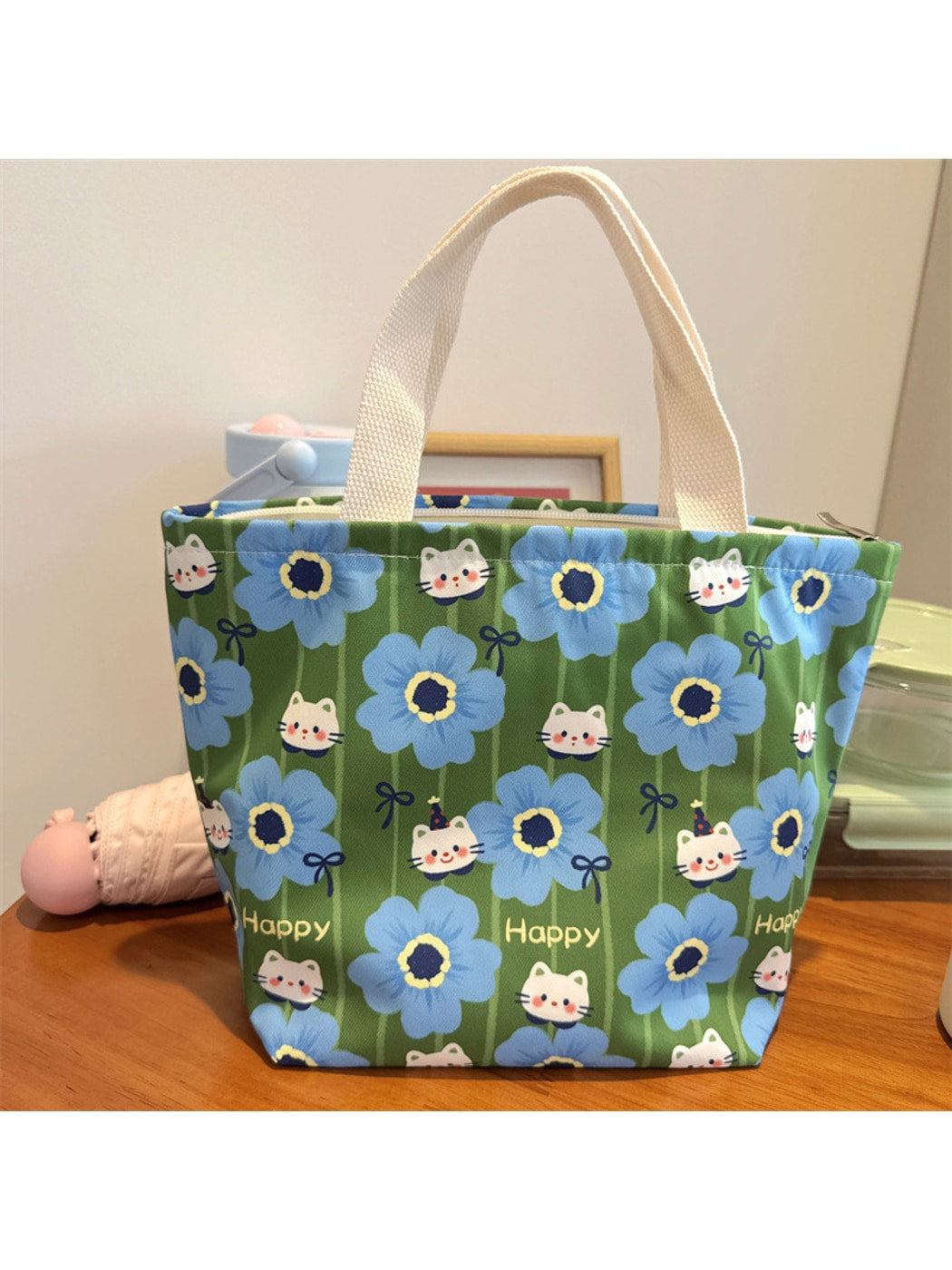 Cosbai - Cartoon Floral Printed Zippered Lunch Bag