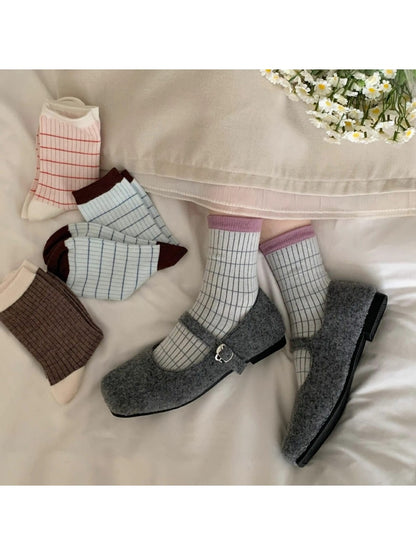 Rufia - Striped Contrast Trim Casual Crew Socks