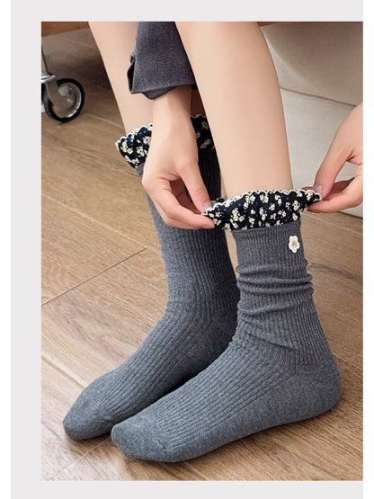 Rufia - Ruffled Floral Trim Crew Socks