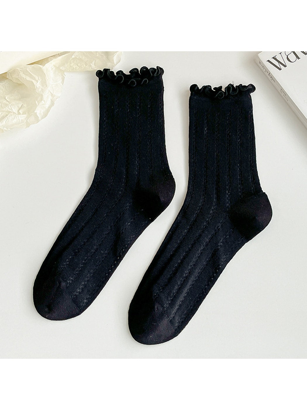 Rufia - Solid Color Openwork Ribbed Ruffle Cuff Crew Socks