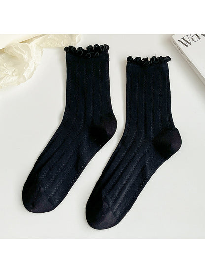 Rufia - Solid Color Openwork Ribbed Ruffle Cuff Crew Socks