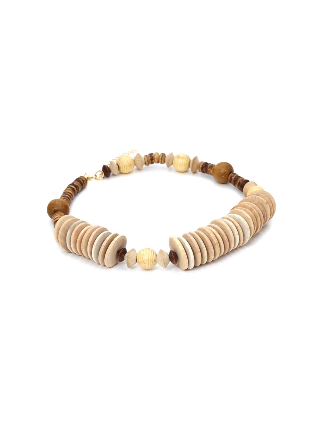 Close-up of Neckit bead necklace showing detailed neutral earthy style beads