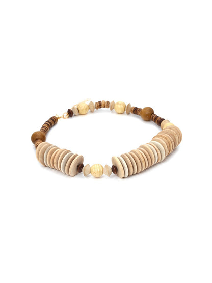 Close-up of Neckit bead necklace showing detailed neutral earthy style beads