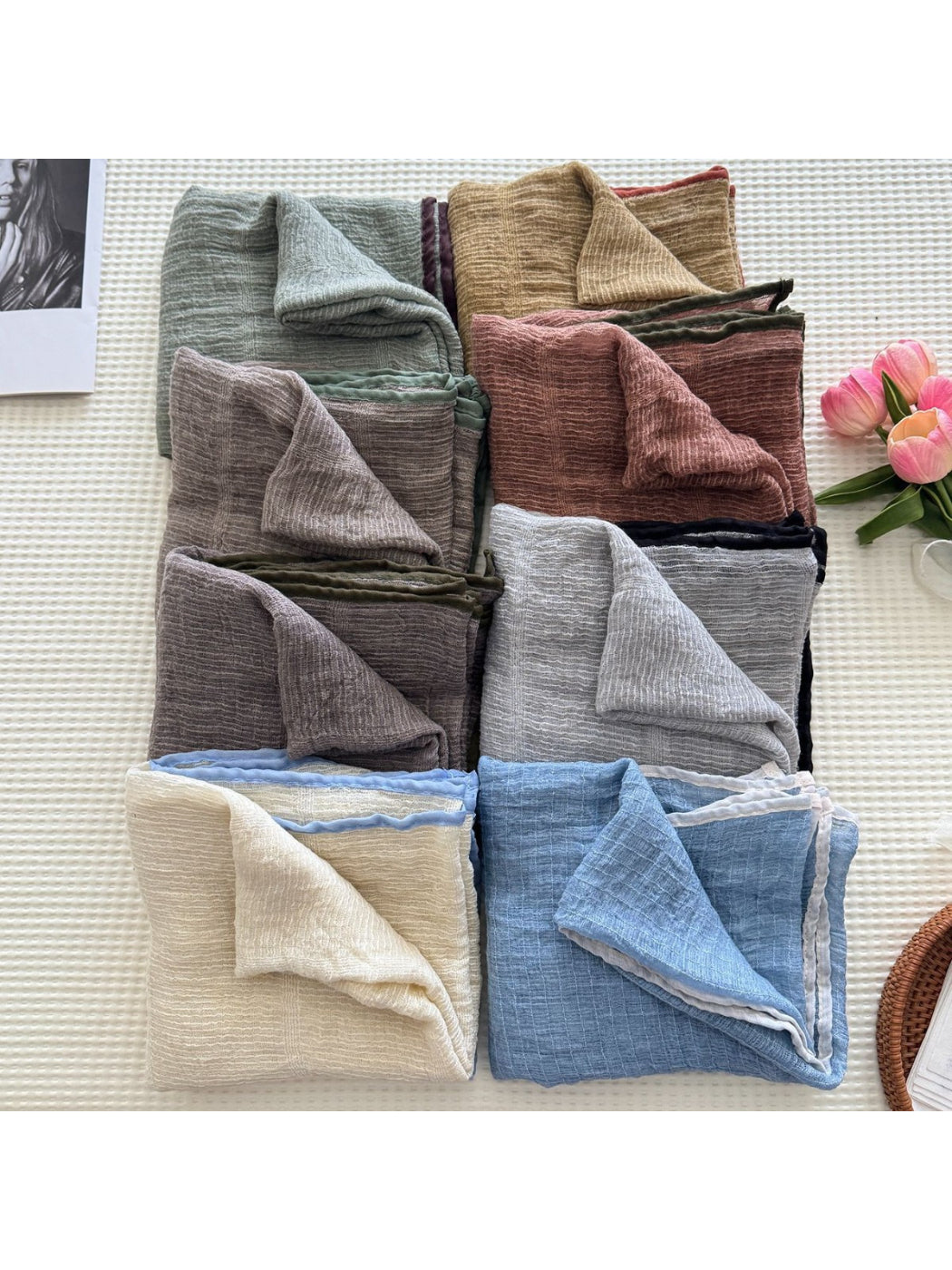 Scarvii - Crinkle Contrast Edge Long Scarf