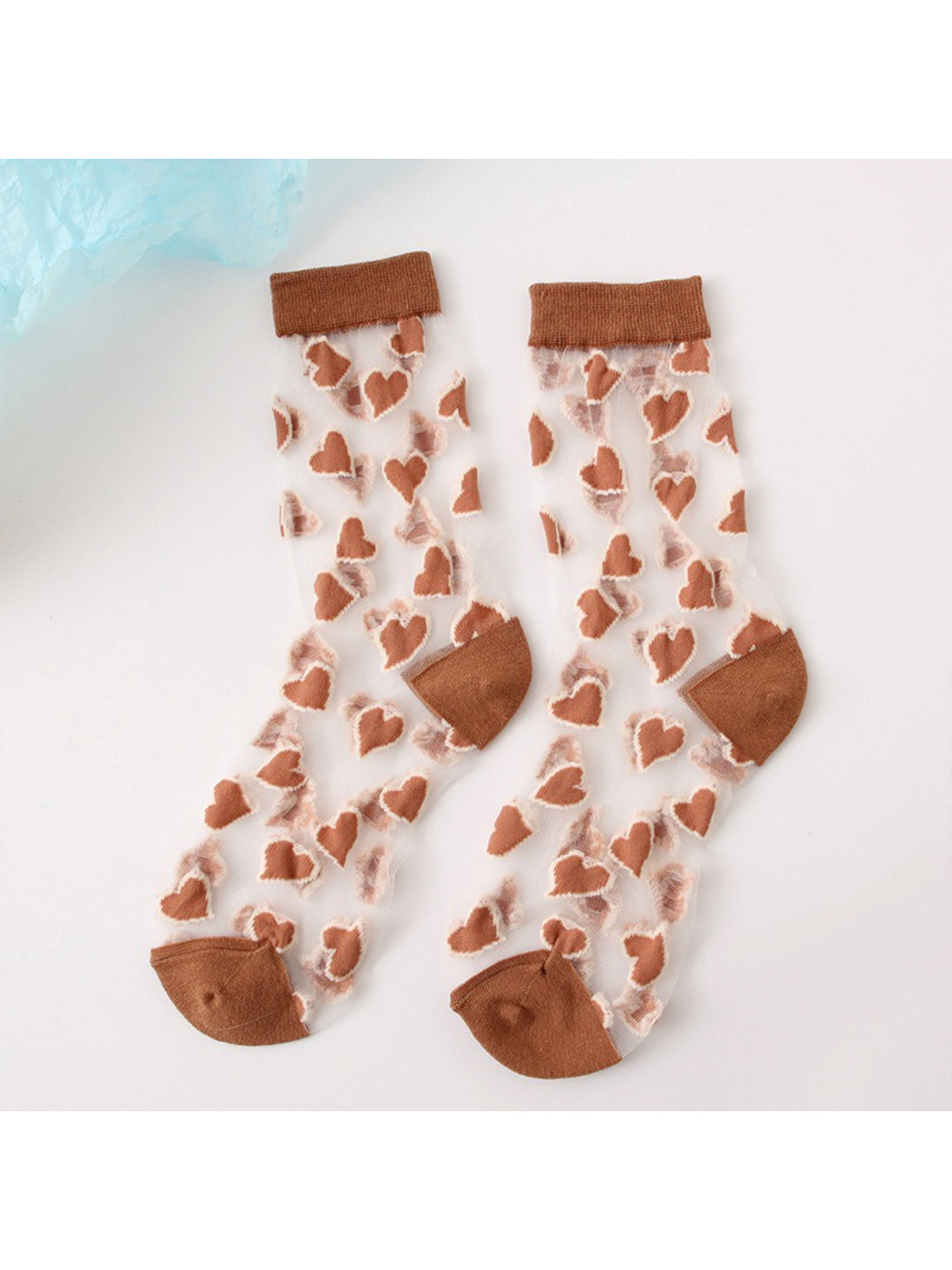 Rufia Candy Heart sheer crew socks displayed flat showing full pattern