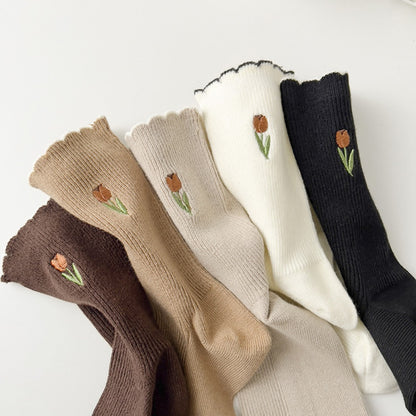 Rufia - Solid-Color Floral Tulip Socks - Sweet & Classic