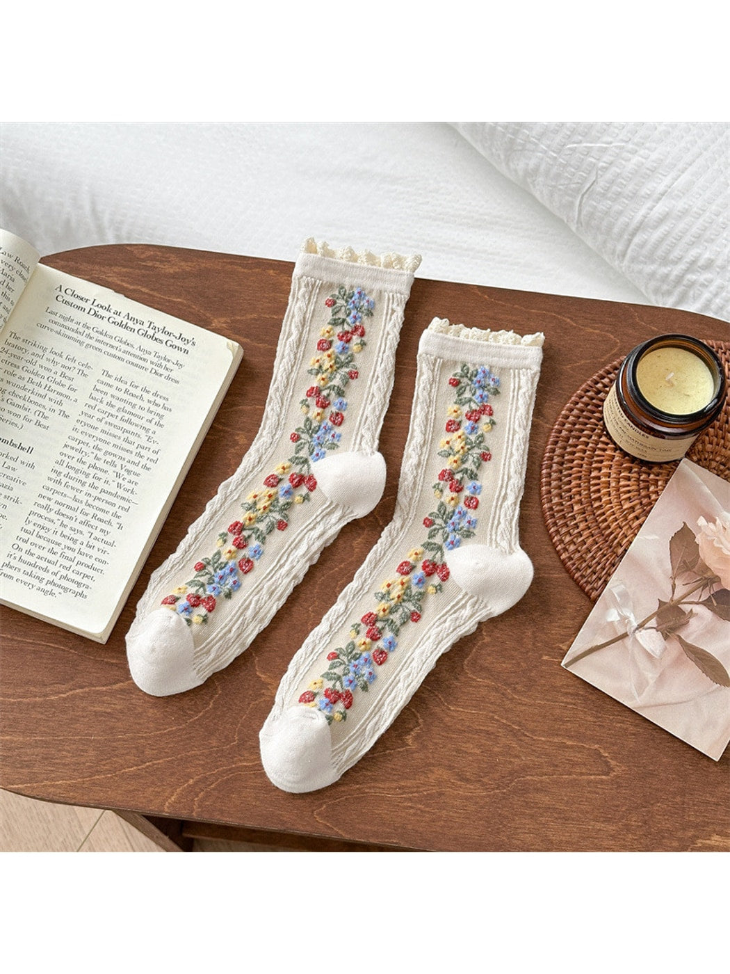 Rufia - Lace Trim Colorful Floral Crew Socks