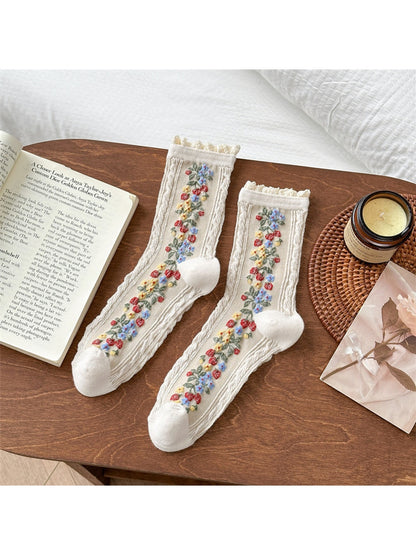 Rufia - Lace Trim Colorful Floral Crew Socks