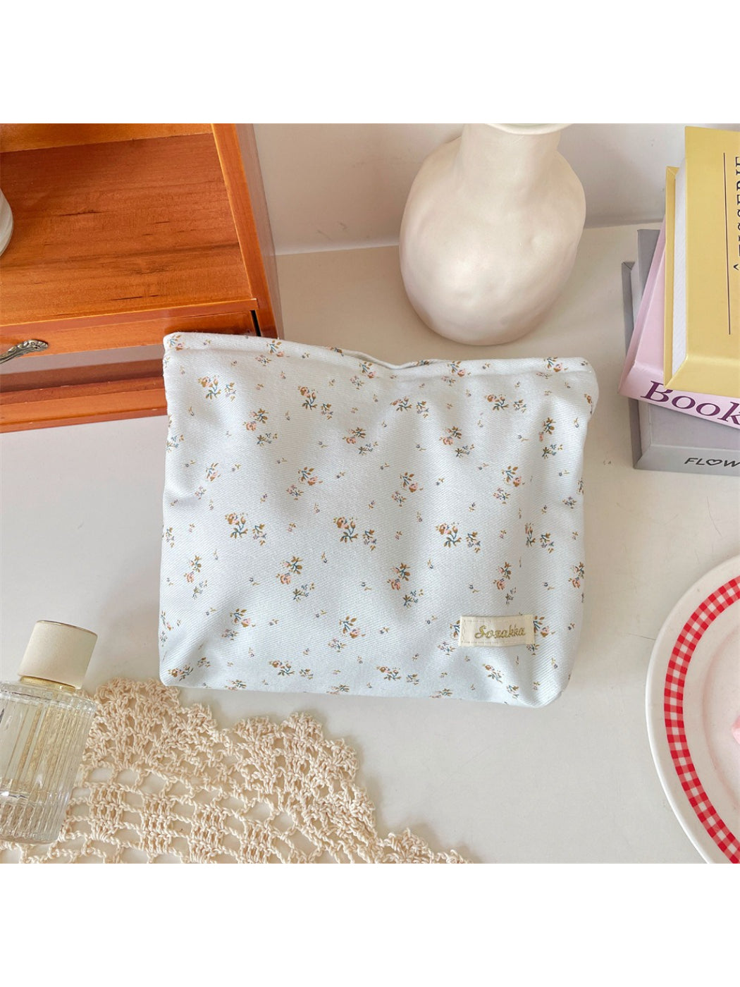 Inside view of Cosbai Ditsy Floral Cosmetic Pouch showing spacious interior