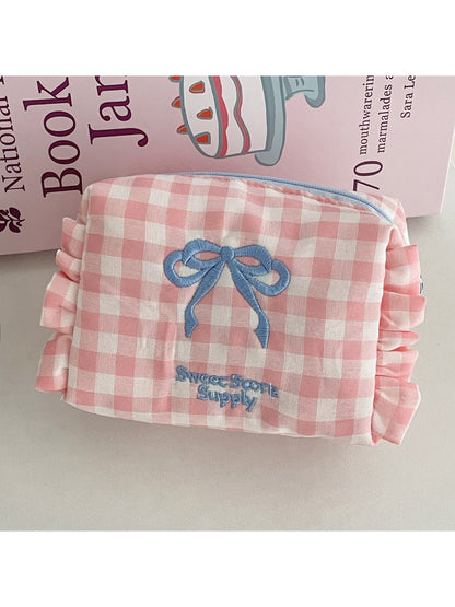 Side view of Cosbai Sweet Check Ruffle Makeup Bag highlighting