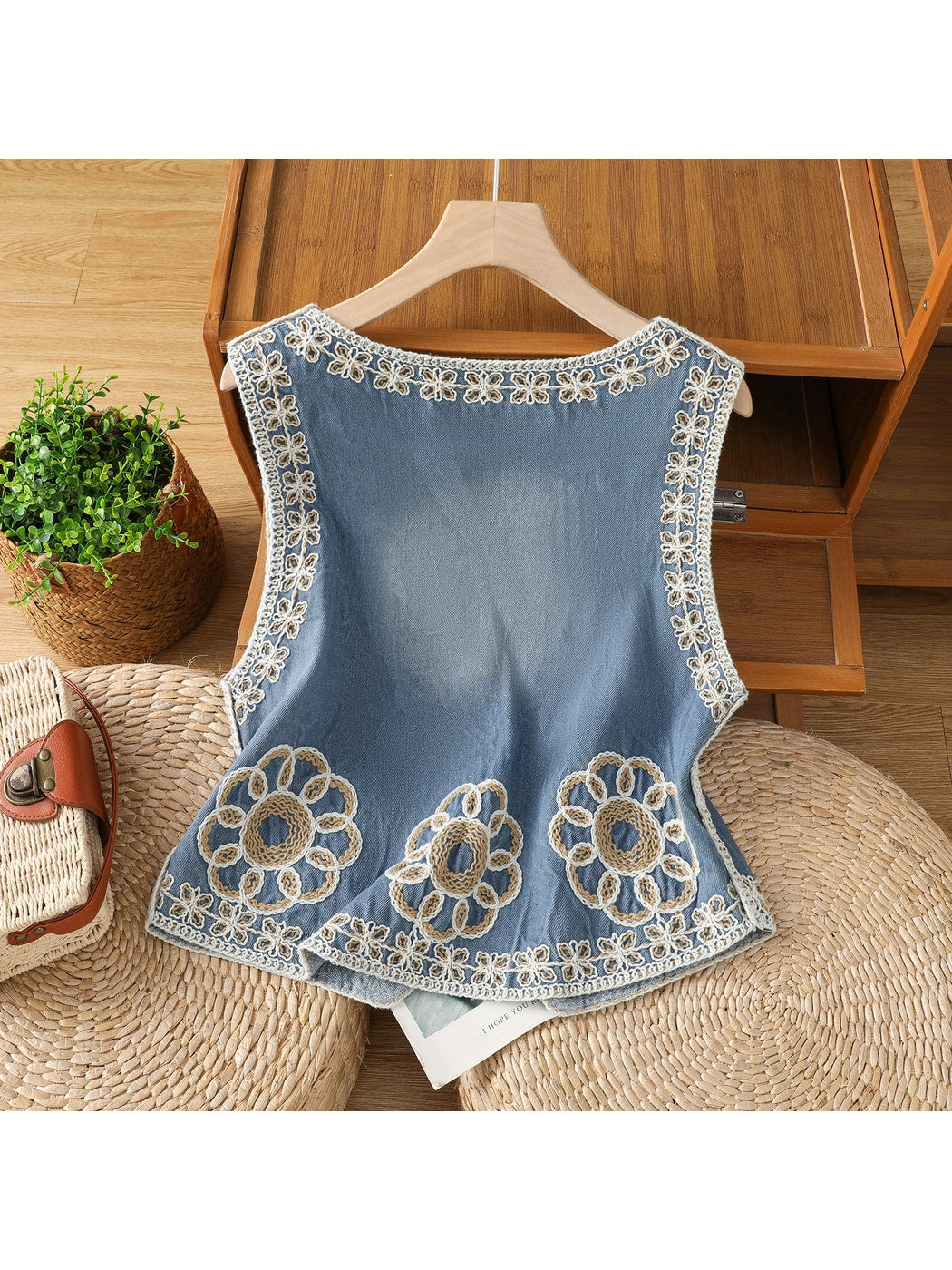 Crosa - Blue Floral Button Front V-Neck Vest Top
