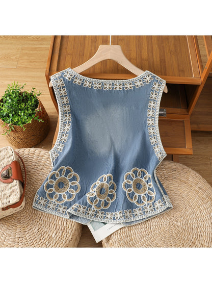 Crosa - Blue Floral Button Front V-Neck Vest Top