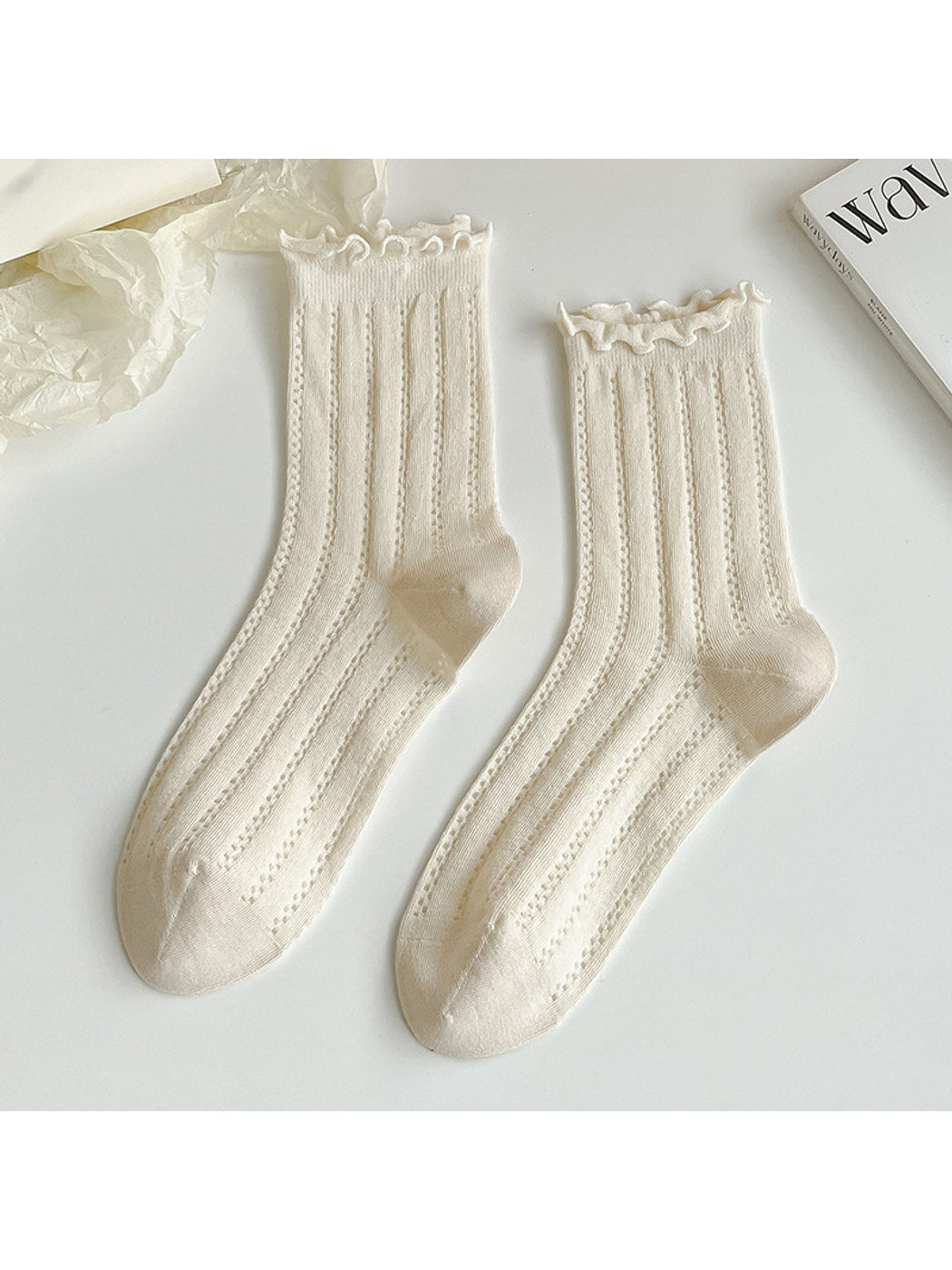 Rufia - Solid Color Openwork Ribbed Ruffle Cuff Crew Socks