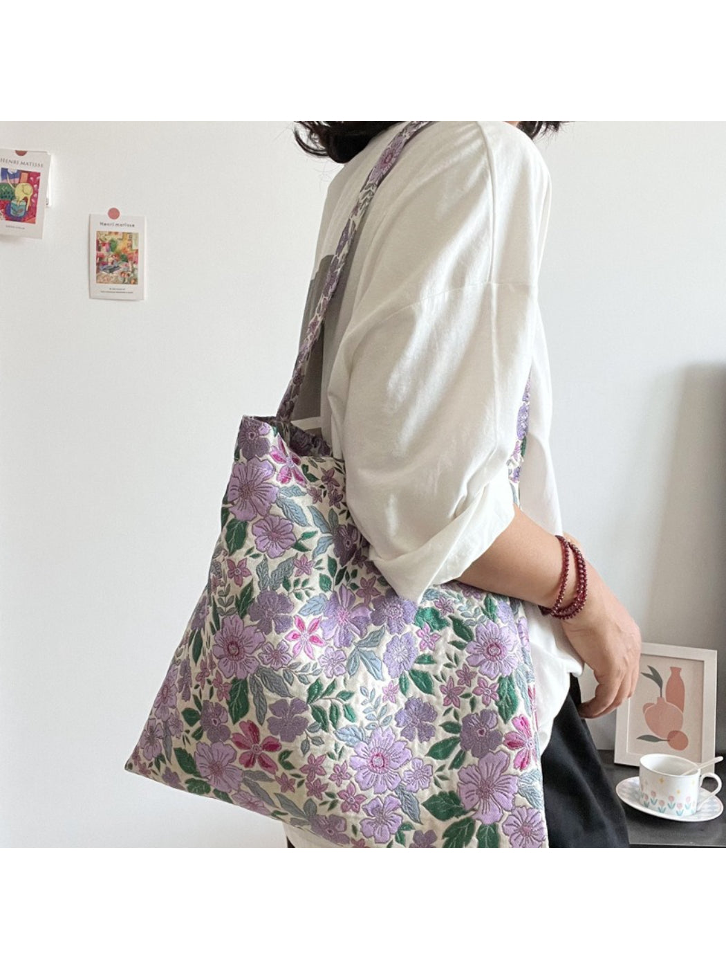 Cosbai Purple Bloom Slouch Shoulder Bag displayed on white background