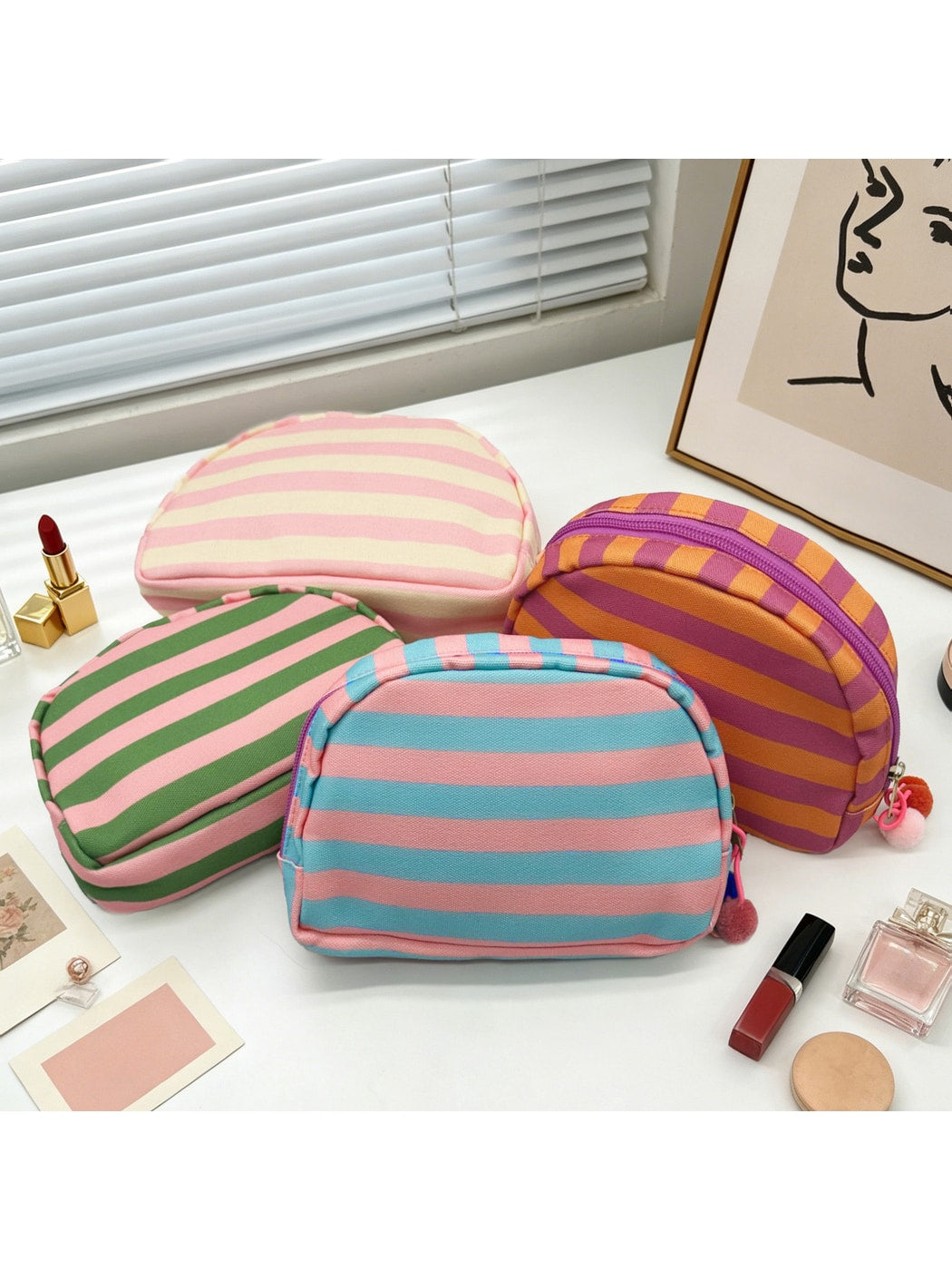 Cosbai - Striped Semicircle Cosmetic Organizer Bag
